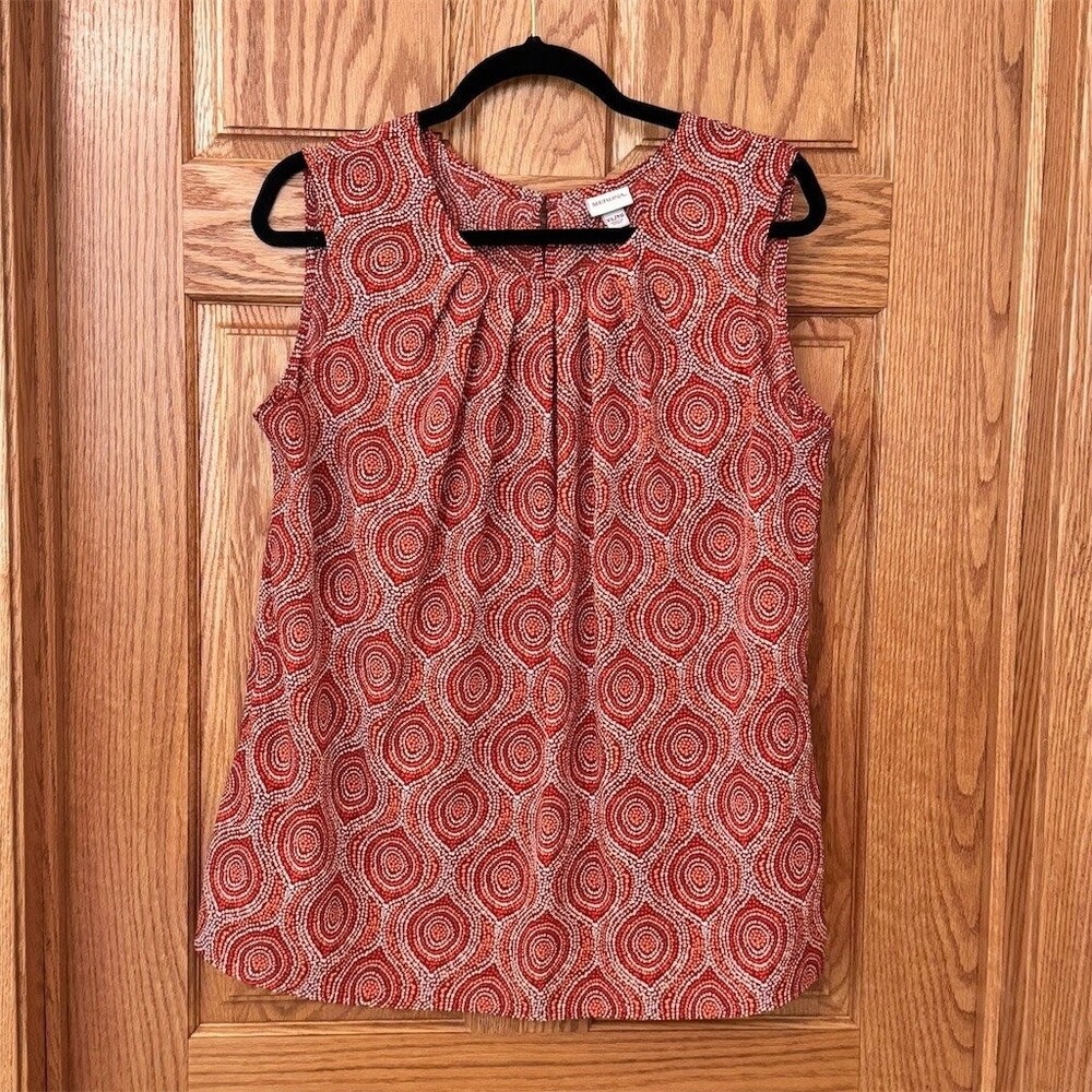 Merona Blouse Womens XL Sleeveless Red Orange Geometric Dot Pleated
